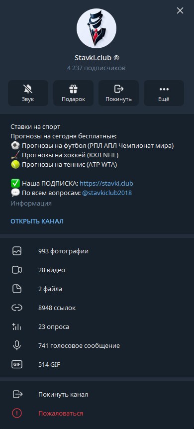 Профиль канала Stavki.club в Telegram: 4 237 подписчиков